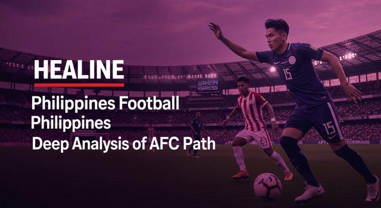 Philippines football scene with players warming up on a field in a stadium during sunrise with city skyline