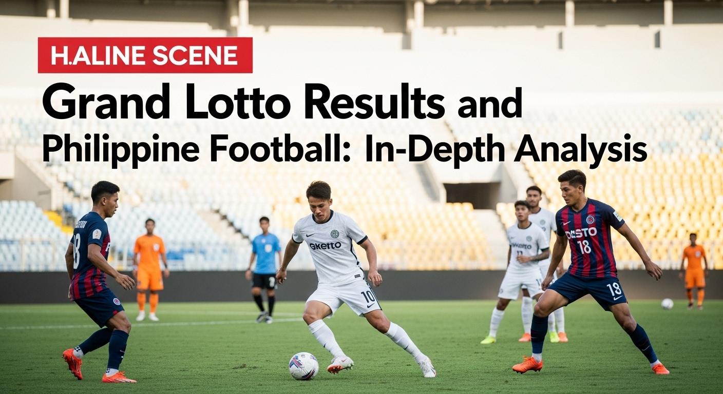 Football stadium with lottery balls morphing into footballs and a Philippine flag motif in the background.