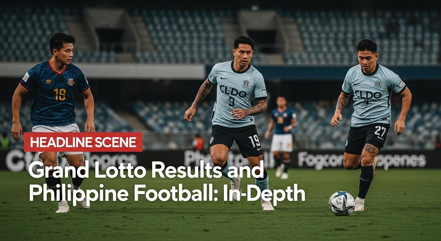 Football stadium with lottery balls morphing into footballs and a Philippine flag motif in the background.